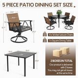 Andehomy 5-Piece Patio Dining Set for 4，Outdoor Dining Set with Wicker Swivel Patio Dining Chairs with Cushions & 1 Black Square Woodgrain Dining Table with 1.75”Market Umbrella Hole, Black & Brown Andehomy