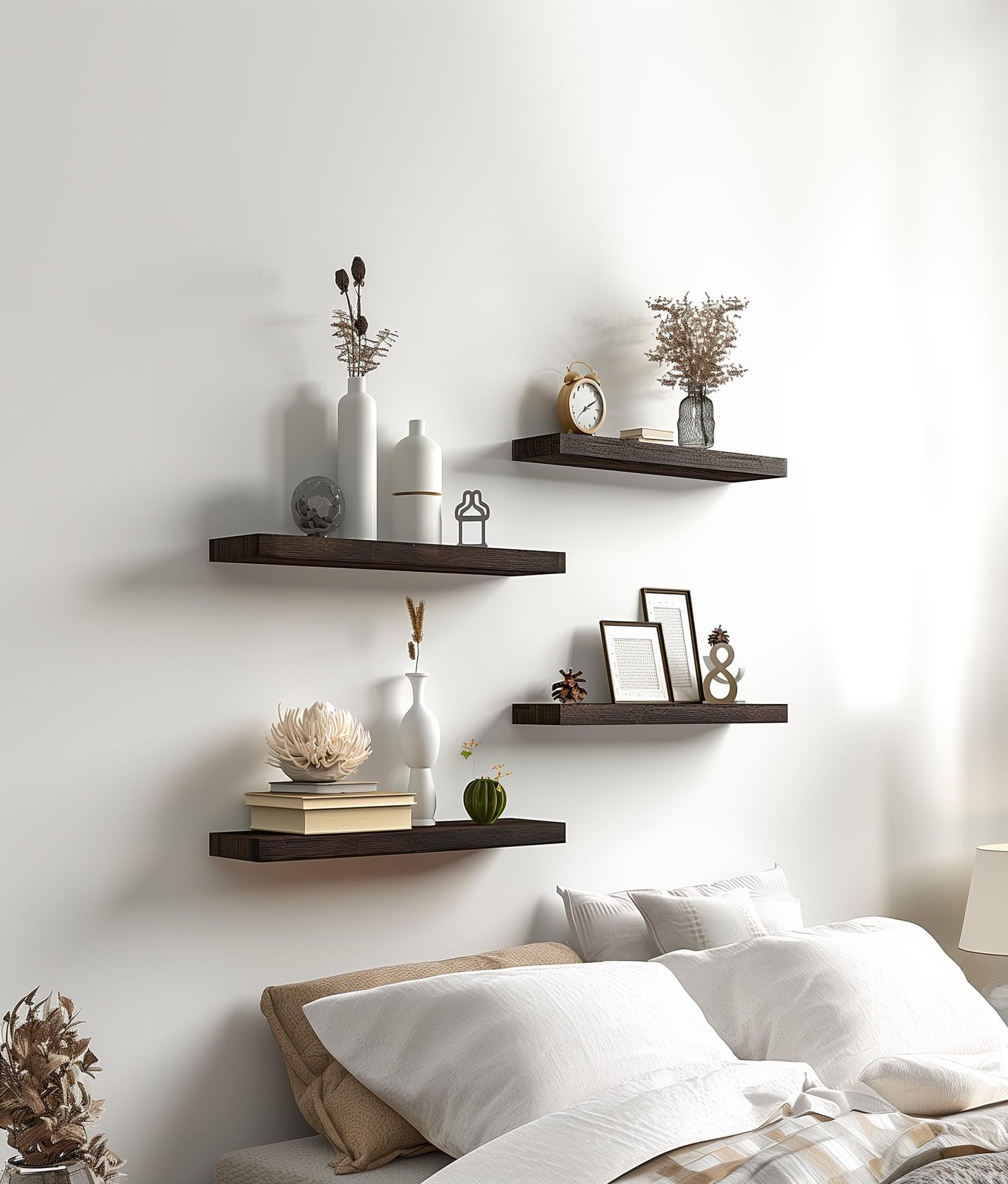 PHPH Wood Floating Shelves for Wall, Wooden Wall Shelves for Bedroom, Set of 6 Brown 17 Inch