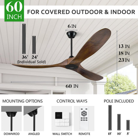 Eliora Ceiling Fan without Light, 60 Inch Wood Ceiling Fan no Light with Remote Wall Switch, Outdoor Ceiling Fan for Patio, Porch, Bedroom, 6 Speed, Quiet DC Motor, ETL Listed-Deep Walnut Eliora