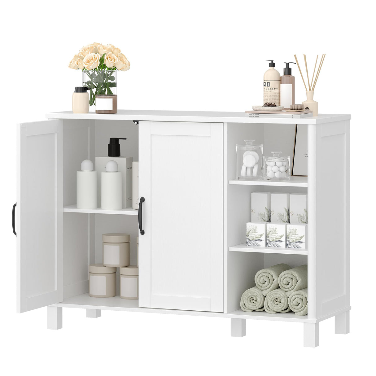 Hzuaneri Bathroom Storage Cabinet, Freestanding Floor Cabinet with Doors and Shelves, Bathroom Storage Unit, Kitchen Cupboard with Open Compartments for Bathroom, Entryway, Modern SC12213X Hzuaneri