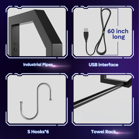 Bestier 34" LED Gaming Floating Shelf with Adjustable Glass, Industrial Pipe Design and USB Ambient Lights Bestier