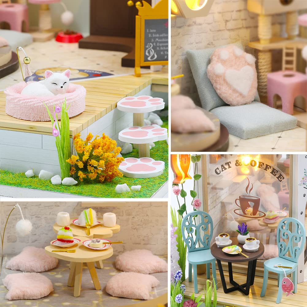 SYW DIY LED Lights Miniature Dollhouse Kit Cat Coffee Doll House Model Wooden Furniture for Christmas 's Day Creative Gifts with Dust Cover and Music （Cat Coffee Shop ） SYW