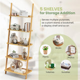 Tangkula 5-Tier Ladder Shelf Bookcase, Bamboo 72”H Wall-Leaning Bookshelf with Baffles and Anti-Tipping Kits, Plant Stand for Living Room Bathroom Home Office Decor, Ladder Bookshelf, Natural Tangkula