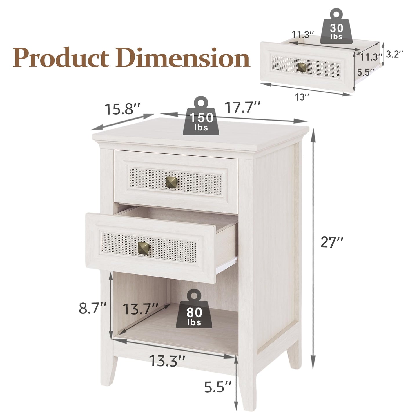 RoyalCraft Farmhouse Nightstand Set of 2, Boho Bedside Table with 2 Rattan Decor Drawers, Wood Accent End Table with Open Storage Shelf for Bedroom, Living Room, Home Office, Grayish White - WoodArtSupply