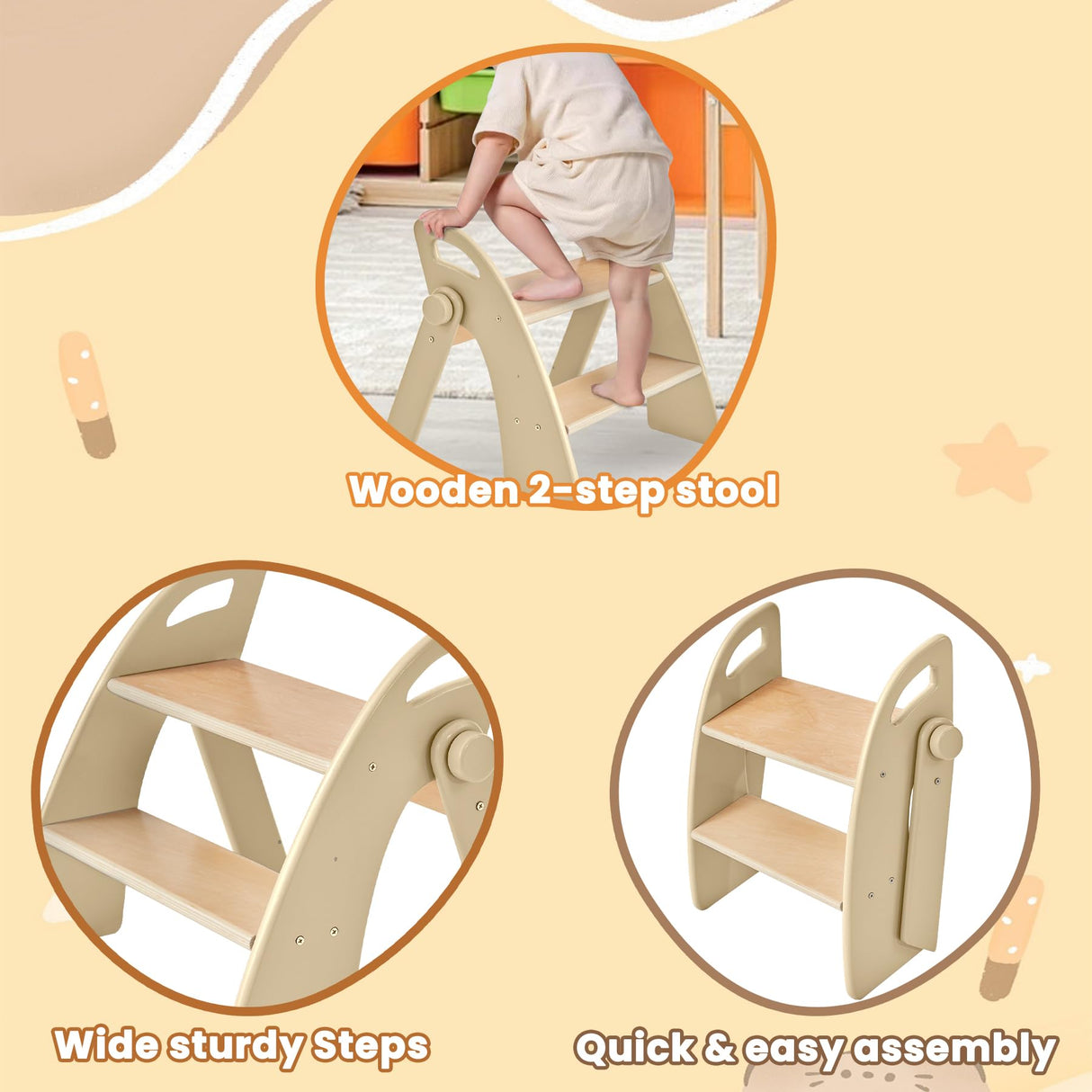 Reeple Wooden Step Stool, 300 lb. Load Capacity, with Safety Non-Slip Pads and Handles, Bamboo Step Stool for Bathroom and Kitchen, Children's Double Height(Log Color) Reeple