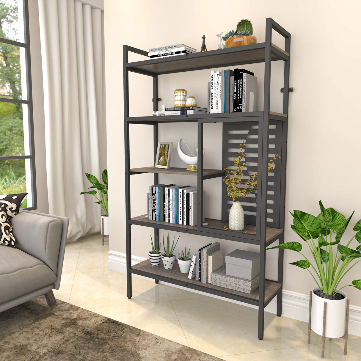 Weehom 5-Tier Adjustable Industrial Bookshelf, Modern Wood Bookcase with Stable Metal Frame, Open Storage Shelves Standing Shelving Unit for Living Room Bedroom Kitchen Office Weehom