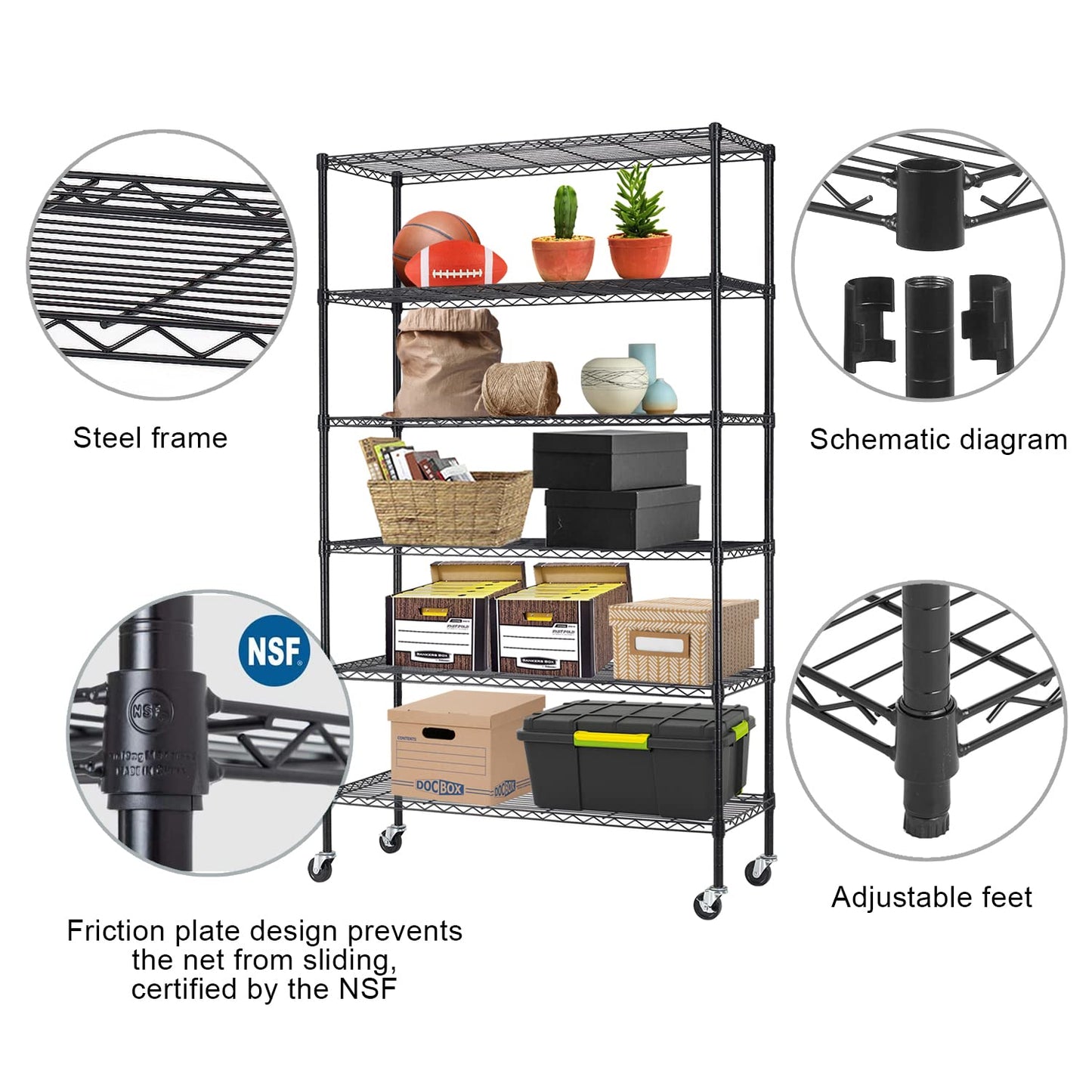 6-Tier Steel Wire Shelving Unit, 48x18x82in, 2100lb Capacity, Adjustable NSF Certified Storage Rack with Casters - For Garage, Kitchen, Pantry - WoodArtSupply