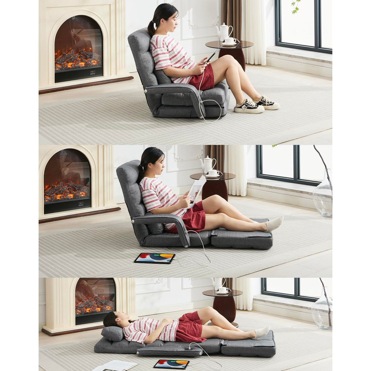 STHOUYN Folding Sofa Bed, Convertible Sleeper Chair Bed with USB, Floor Chair with 5-Position Adjustable Back Support, Small Comfy Couch for Bedroom Small Space, Cozy Chair, Apartment Dorm (Dark Grey) STHOUYN