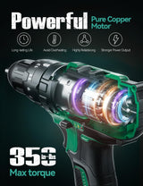 KIMO Hammer Drill - 20V 2X Battery Hammer Drill Cordless Drill Set, 3/8" Keyless Chuck, 350 In-lb Torque, 1350 RPM, 21+3 Position,14pcs Drill/Driver Bits, Power Drill Drivers for Brick Wall Concrete K I M O.