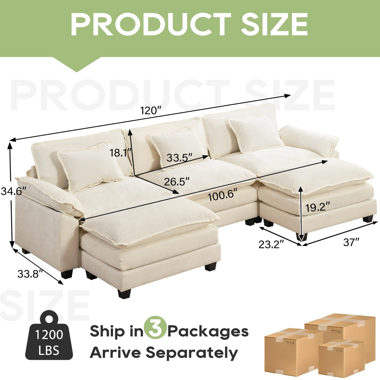 Oprisen Modular Sectional Sofa, Comfy Cloud Couch Sectional Sofa with Ottoman, Chenille Sofa Sleeper Deep Seat Sofa with Throw Pillows for Living Room (Beige White, 120"- U Shape) Oprisen