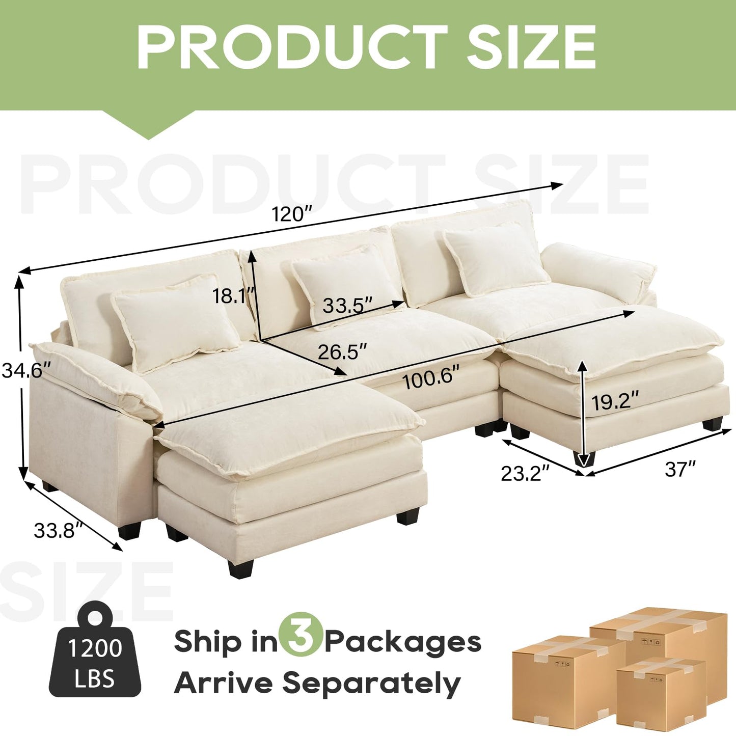 Oprisen Modular Sectional Sofa, Comfy Cloud Couch Sectional Sofa with Ottoman, Chenille Sofa Sleeper Deep Seat Sofa with Throw Pillows for Living Room (Beige White, 120"- U Shape)