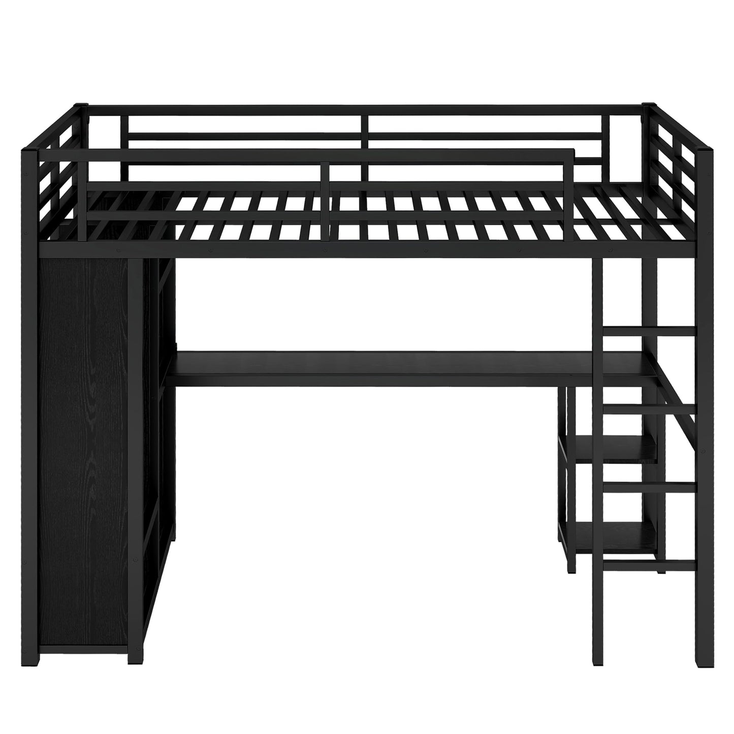 Twin XL Loft Bed with Desk and Storage Shelves, Twin XL Loft Bed with Wardrobe, Hanging Rod and Guardrail and Ladder, Balck