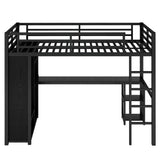 Twin XL Loft Bed with Desk and Storage Shelves, Twin XL Loft Bed with Wardrobe, Hanging Rod and Guardrail and Ladder, Balck Bellemave