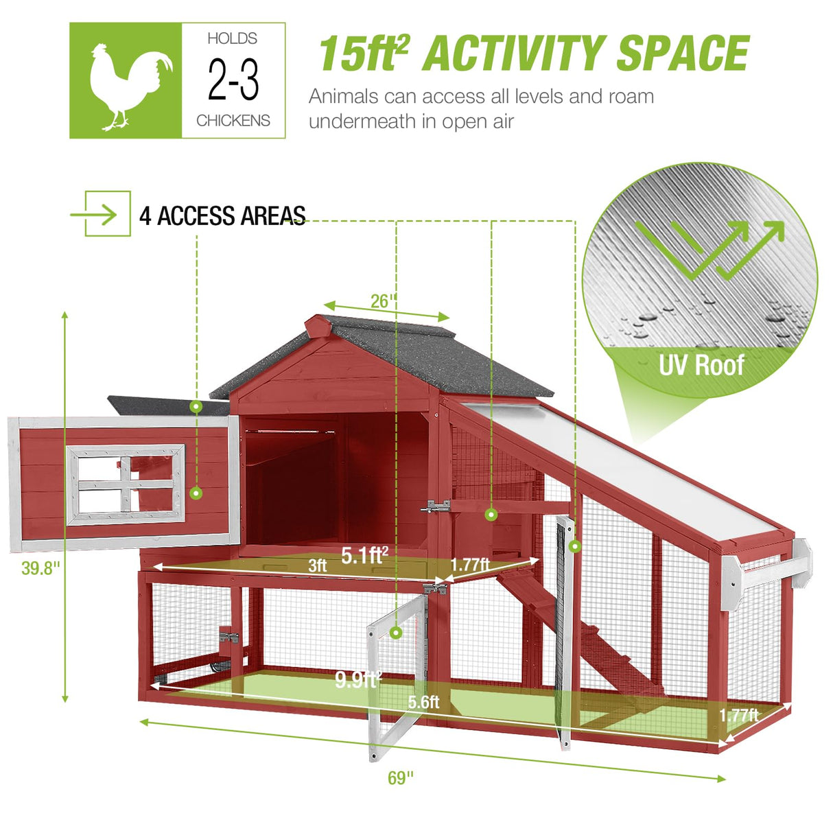 GUTINNEEN Rabbit Hutch Outdoor Mobile Chicken Coop with Wheels Wooden Bunny Cage Large Duck House with Run UV Roof(Red) GUTINNEEN