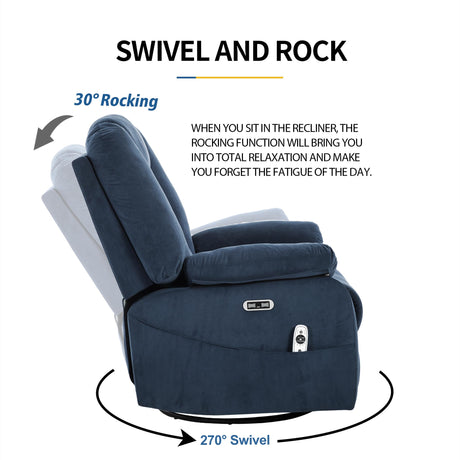 Sftaiyou Power Swivel Rocker Recliner Chair for Adults,Rocking Recliners Chairs with Massage and Heat for Living Room, Electric Fabric Reclining Sofa Chair with USB and Type-C Port (Blue) Sftaiyou