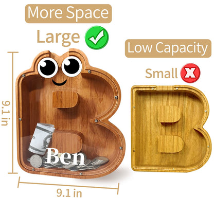 Wooden Piggy Bank, Personalized Letters Coin Bank Piggy Bank(9.1in, Laser Engraving), Money Box Wooden Piggy Bank Gift for Kids, Christmas Birthday Gift Home Decoration. (B, Non-Custom)