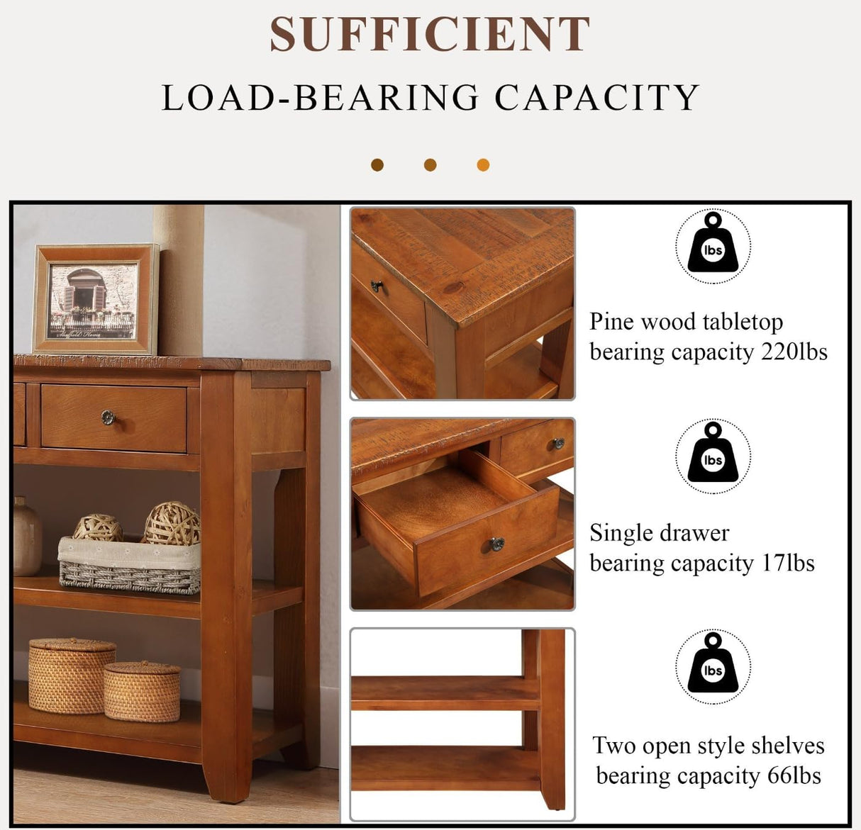 YWUFUART 48 Inch Solid Wood-Console Table-Sofa Table-Storage Cabinet with 3 Drawers and 2 Shelves for Entryway Hallway Living Room (Brown) YWUFUART