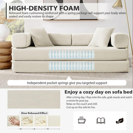 HANXIN 78 Inch Convertible Sleeper Sofa Bed, Folding Floor Mattress Couch with Fixed-Shape Frame, Futon Boneless Couch Lounge Loveseat with Pull Out Bed, No Assembly Required (Beige) HANXIN