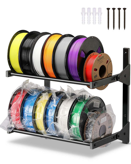 AHOWPD Wall Mount Filament Storage Rack- Wall Mount 3D Printer Filament Storage Rack 2 Tier Filament Spool Holders Racks, Heavy Duty Metal Shelf for PLA/ABS/TPU, Filaments Organzied (Black) AHOWPD