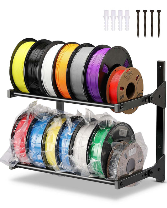 AHOWPD Wall Mount Filament Storage Rack- Wall Mount 3D Printer Filament Storage Rack 2 Tier Filament Spool Holders Racks, Heavy Duty Metal Shelf for PLA/ABS/TPU, Filaments Organzied (Black)