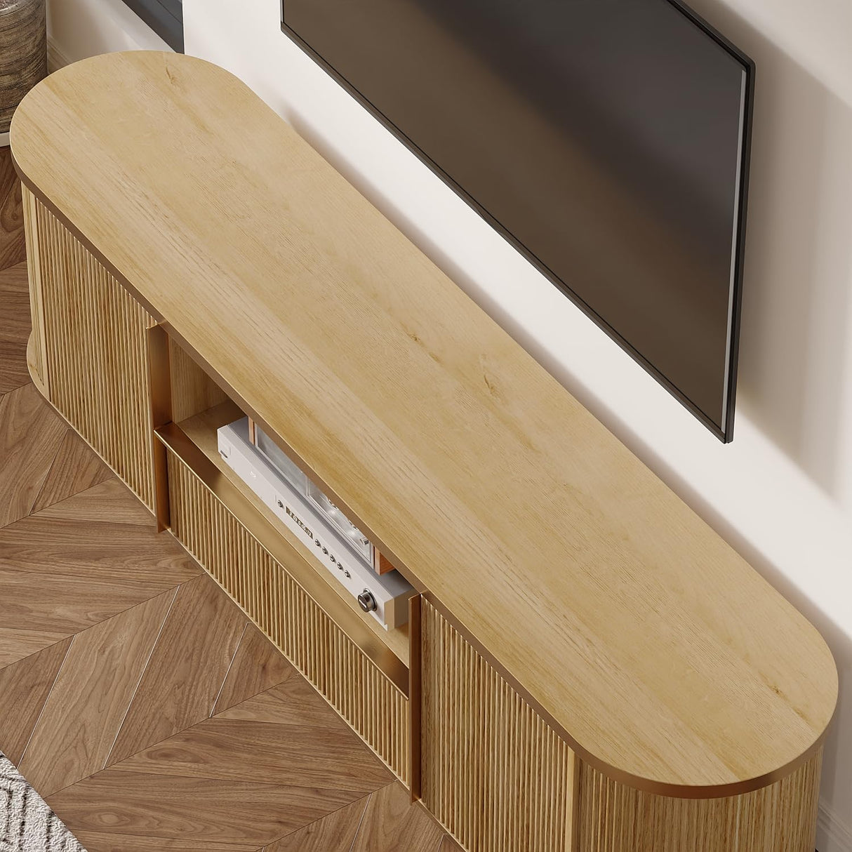 AIEGLE Farmhouse TV Stand with Fluted Surface, Entertainment Center Console Table with Open Storage & 2 Doors, 70" Wood Grain Media TV Console Cabinet for Living Room, Natural AIEGLE