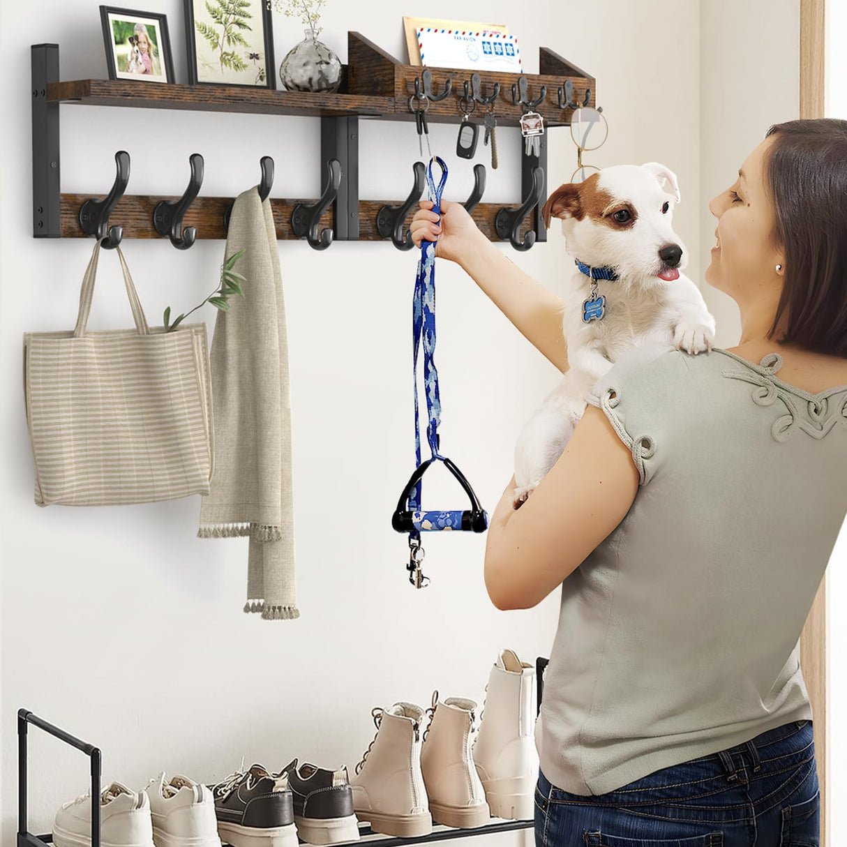 Evermagin 29" Coat Rack Wall Mount with Shelf, 4 in 1 Coat and Key Hanger with 11 Metal Hooks, Entryway Wall Mounted Shelf with Mail Holder for Living Room, Bedroom, Rustic Brown Evermagin