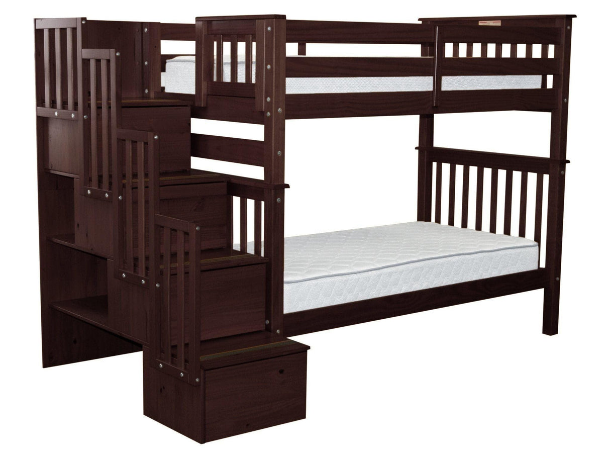Bedz King Tall Stairway Bunk Beds Twin over Twin with 4 Drawers in the Steps, Dark Cherry Bedz King