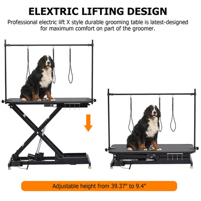 47“ Electric Lift Dog Grooming Table (Black), Heavy Duty Electric Grooming Arm Table for Pets & Large Dogs Adjustable Height: 9.4"-39.4" Non-slip Desktop with Gantry Crane Set, Fixture *4 Noose*2