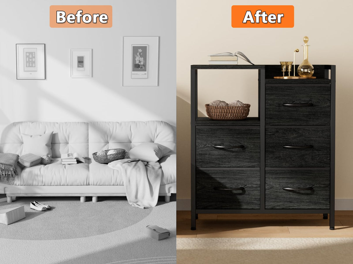 Furnulem 5 Drawer Black Dressers for Bedroom 2 Tier Shelf Storage Small Fabric Dresser for Closet Sturdy Metal Frame Modern Dresser Bedroom Dresser with Drawers for Hallway Rooms Furnulem