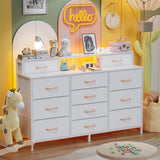 Furnulem White Dresser for Bedroom with LED Lights & Charging Station,55" Long Dressers & Chest of Drawers with 12 Storage Bins, Fabric Furniture for Closet,Hallway,2-Tier Shelf Wood Top,Metal Frame Furnulem