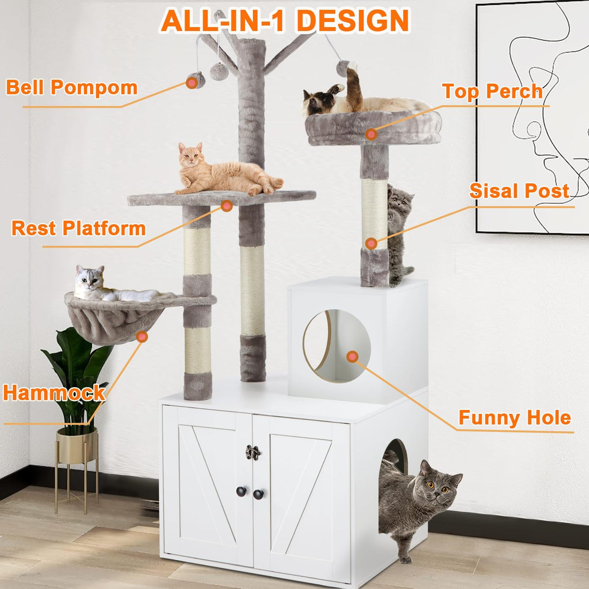 Timberer Litter Box Enclosure with Cat Tree, 2-in-1 Hidden Litter Box Furniture with Scratching Post, Modern Cat Condo, White Timberer