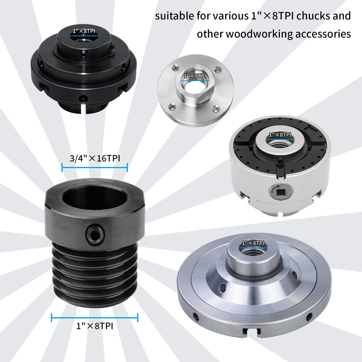 DEEFIINE Woodworking Lathe Headstock Spindle Adapter Convert 3/4''×16TPI to 1''×8TPI Thread Chuck Insert Adapter Turning Tool Accessories ﻿ DEEFIINE