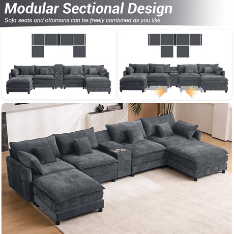 145" Oversized Modular Sectional Sofa U Shaped Cloud Couch 6 Seat Sofa Set for Living Room Comfy Fluffy Chenille Deep Seat with Movable Ottomans, Storage Console, Cup Holders, USB Ports, Dark Grey BEQAI