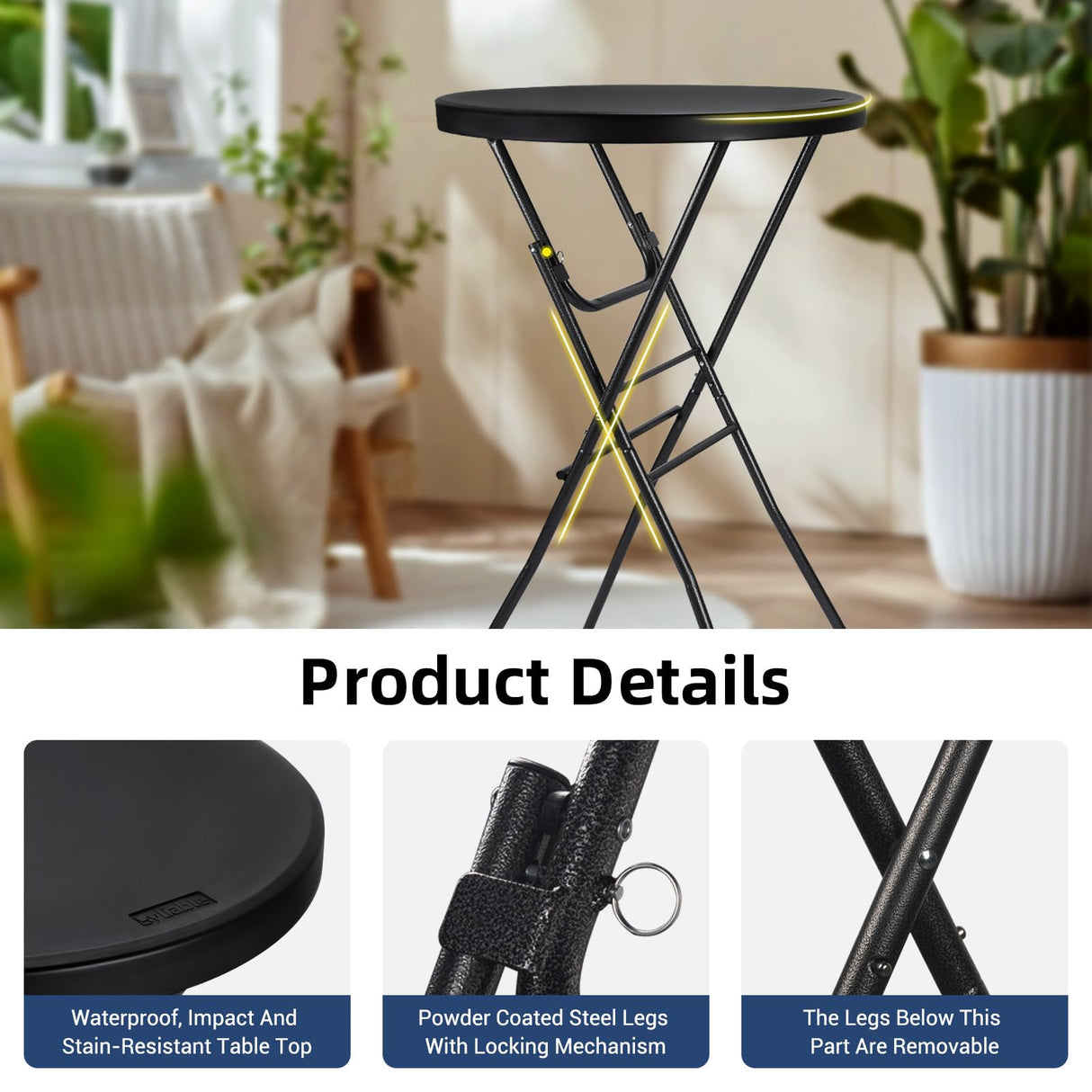 Byliable Cocktail Table 28in High Top Round Folding Indoor Outdoor, Plastic Bar Height Foldable Bistro Tall Table for Party, Patio, Dining Room, Kitchen, Events, Removable Locking Legs, Black Byliable