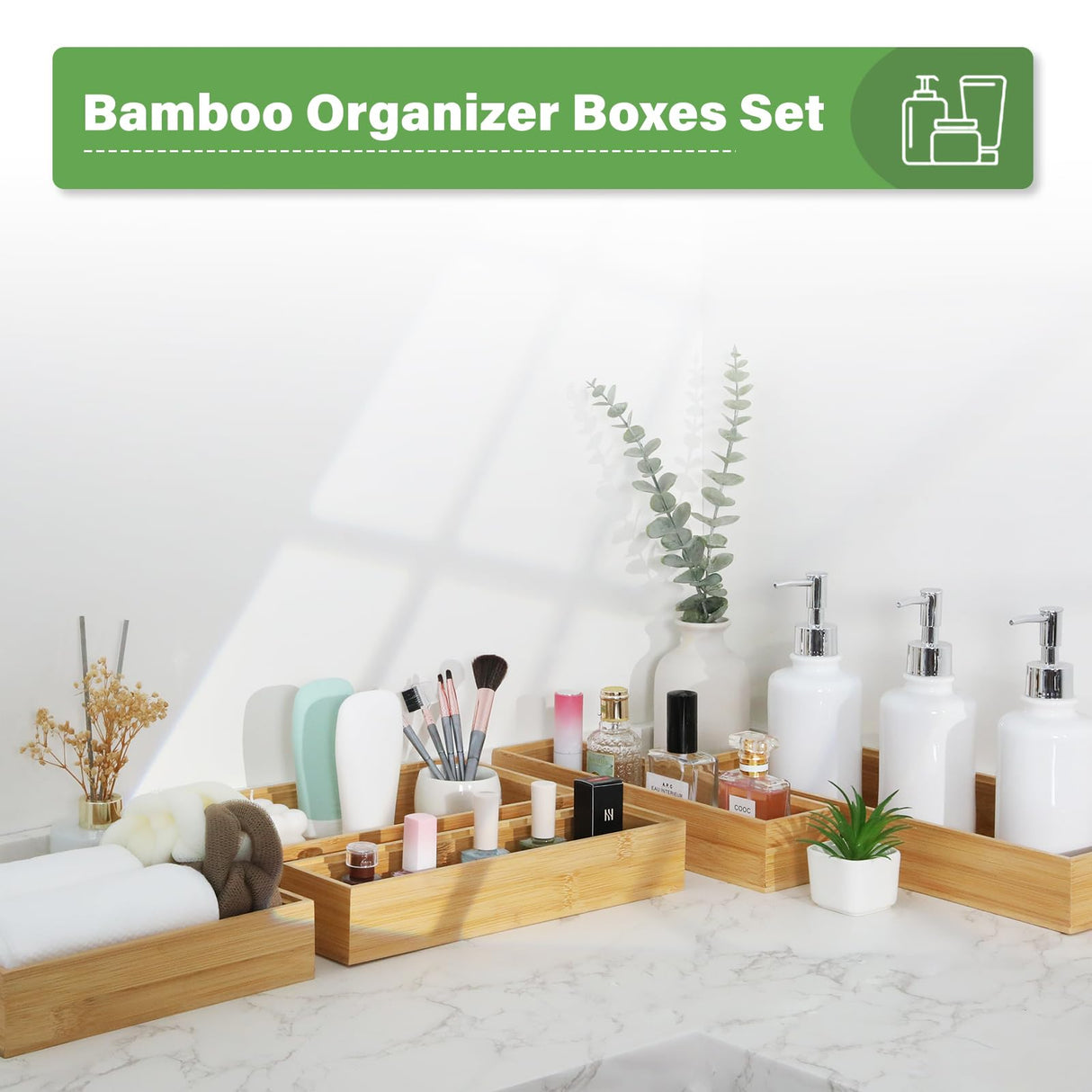 Bamboo Drawer Organizer, 2PCS Stackable Storage Boxes for Utensil Organizer, Wood Tray for kitchen, Bathroom and Bedroom 12" x 3" x 2" Timboops Home