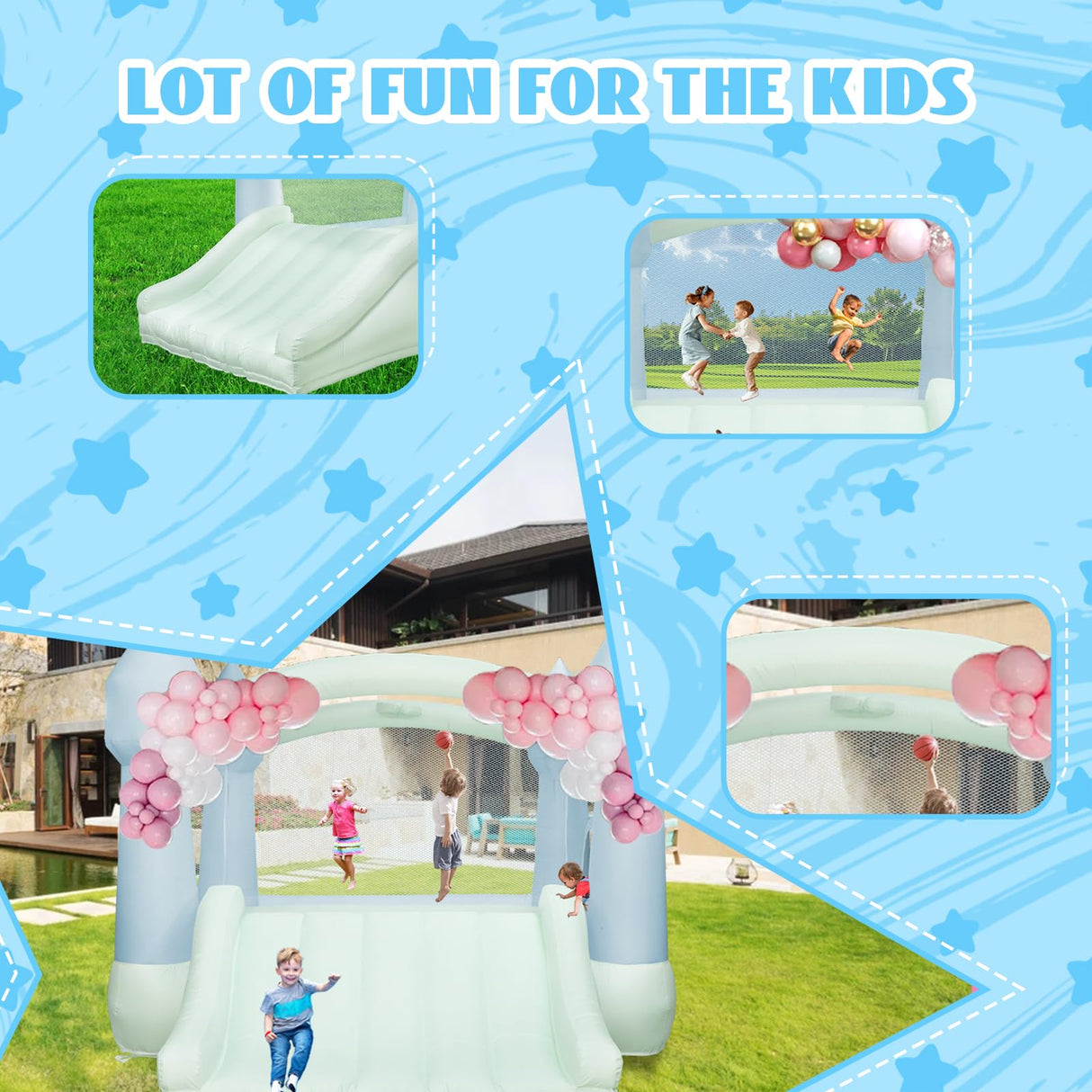 AKSPORT Inflatable Bounce House,White Castle Bounce House for Kids 3-6 Indoor & Outdoor Inflatable Bouncer House with Slide & Air Blower & Balloons for Kids Birthday Party,Wedding Party AKSPORT