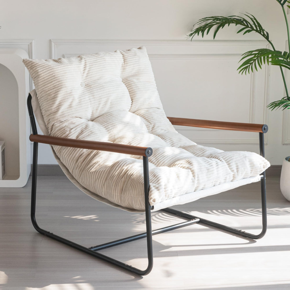 MAXYOYO Modern Accent Chair, Comfy Living Room Chair with Metal Frame Wooden Armrest, Upholstered Armchair with Soft Cushion for Bedroom Balcony Lounge Reading Room, Beige MAXYOYO