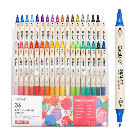 Grabie 36 Colors Dot Paint Acrylic Paint Pens, Acrylic Paint Markers Dual Tip (Fine 1mm + Dot 5mm), Acrylic Markers for Fabric, Canvas, Rock, Glass, Wood, Paper, DIY, Dot Markers for Adults Grabie
