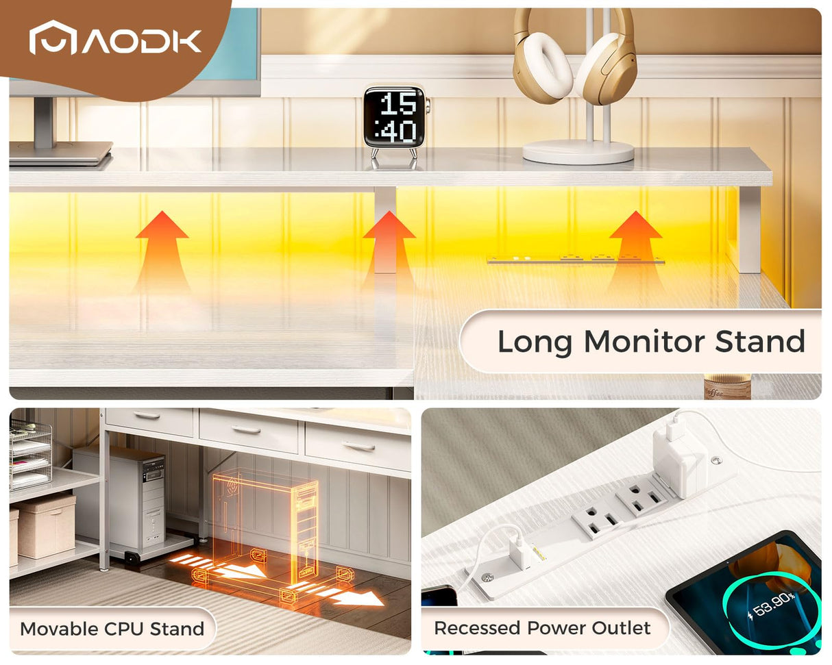 AODK L Shaped Desk with 5 File Drawers, 66" Reversible L Shaped Computer Desk with Power Outlet & LED Strip, Office Desk with Storage Shelves, Gaming Desk with Monitor Shelf, Corner Desk, White AODK