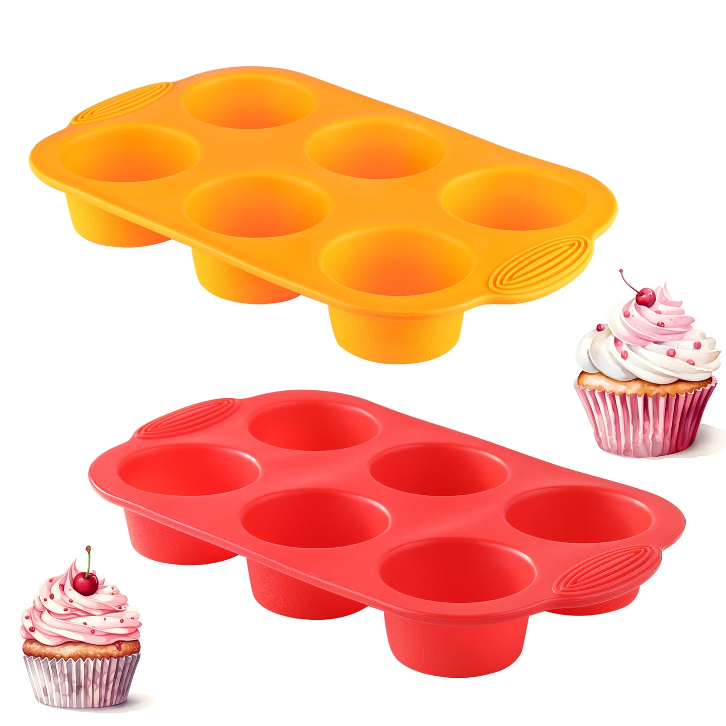 MONGSEW 2PCS Silicone Muffin Cupcake Pan Molds, 6-Cavity Non Stick Silicone Muffin Pans for Baking Muffin, Cupcakes, Brownies and More, Food Grade and BPA Free (Orange and Red)