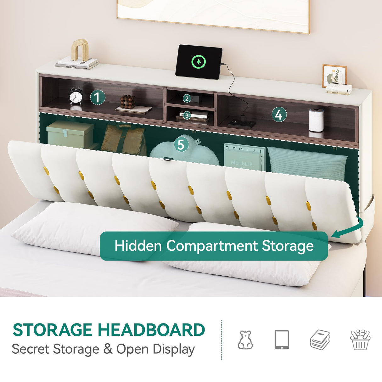 YITAHOME King Size Floating Bed Frame,Upholstered Platform Bed with RGB LED Lighting, USB Charging and Headboard Storage,Velvet Platform Bed Frame, Box Spring Not Required - Beige YITAHOME