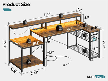 Bestier 71.5 inch Computer Desk with Power Outlets, LED Large Home Office Desk with Monitor Stand, L Shaped Corner Desk with Printer Stand Adjustable Shelf, Cup Holder & Headset Hooks, Brown