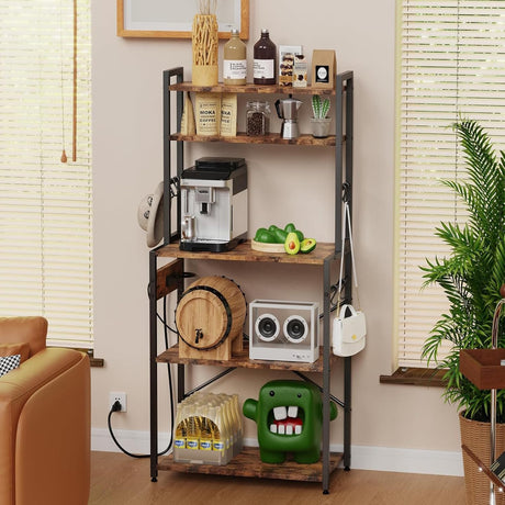 Amosic Kitchen Bakers Rack with Power Outlet, 5 Tiers Coffee Bar Table, Kitchen Microwave Stand with 6 S-shaped Hooks, Kitchen Storage Shelf Rack for Spices, Pots, Rustic Brown Amosic