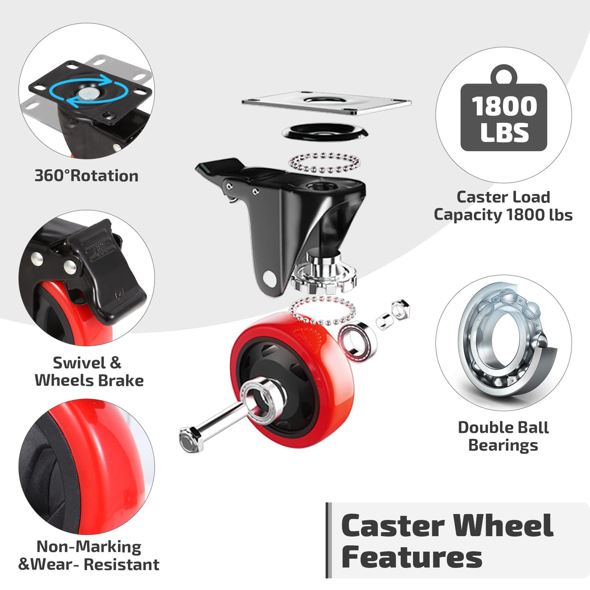 Nefish 4 Inch Industrial Caster Wheels with Brake, Casters Set of 4 Heavy Duty Industrial Grade Casters, Non-Marking Polyurethane Wheels, Workbench Casters 1800 Lbs for Cart, Furniture, Shelving Nefish