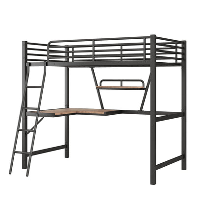 Twin Size Loft Bed with Desk and Storage Shelf, Heavy Duty Loft Bed Twin Size, Twin Loft Bed with Guardrail, Twin Loft Bed for Kids, Teens, Twin Size Loft Bed Black