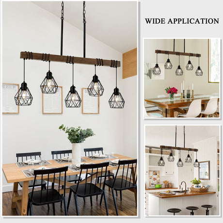 5-Light Kitchen Chandeliers Over Table, Farmhouse Black Dining Room Light Fixture, Linear Rustic Wood Ceiling Pendant Island Light Fixtures with Metal Lampshade, Height Adjustable CmnVmn
