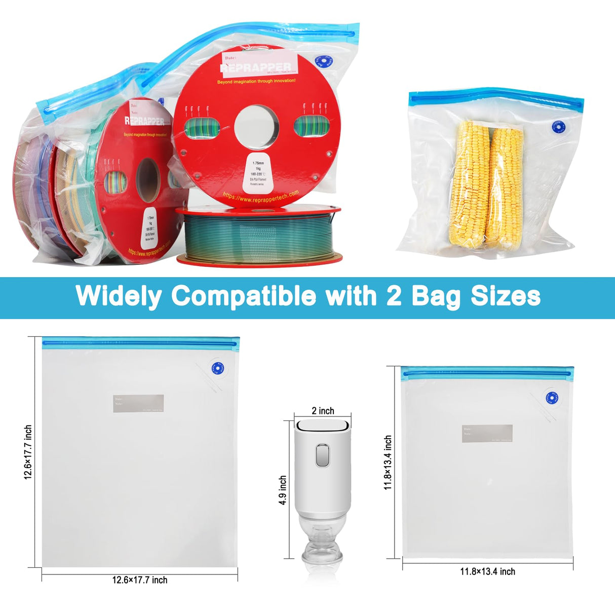 RepRapper Filament Storage Bag Vacuum, Drying Sealed 16 Cleaning Bags with Two Sizes for 3D Printer Filament with Automatic Pumps/Humidity Indicator Cards/Clips/Desiccants RepRapper