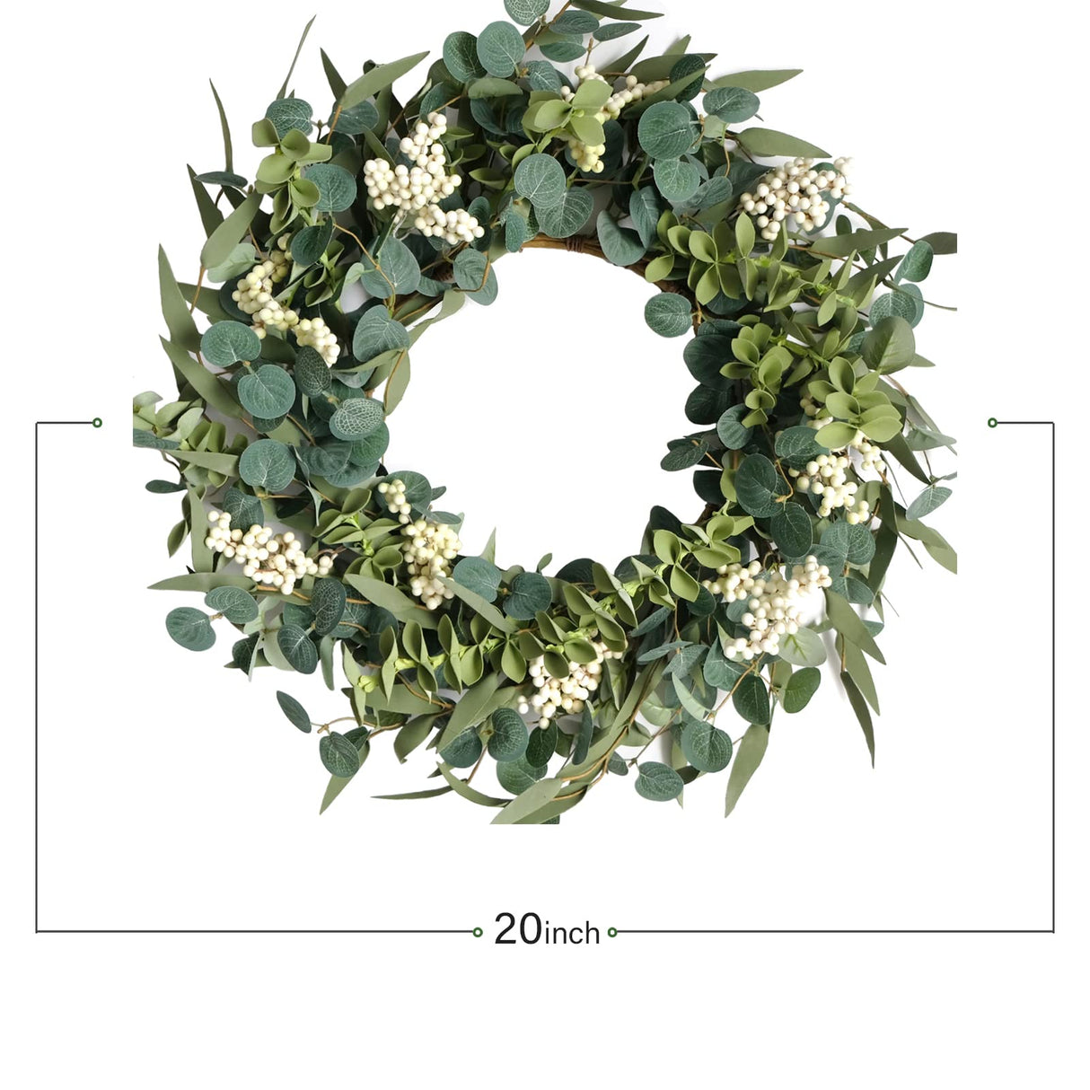 TEMPUS 20-Inch Artificial Eucalyptus Wreath Handmade Spring Summer Door Hanging, Farmhouse Wall Decor, Wedding Gift, Outdoor-Friendly Green Leaf Wreath TEMPUS