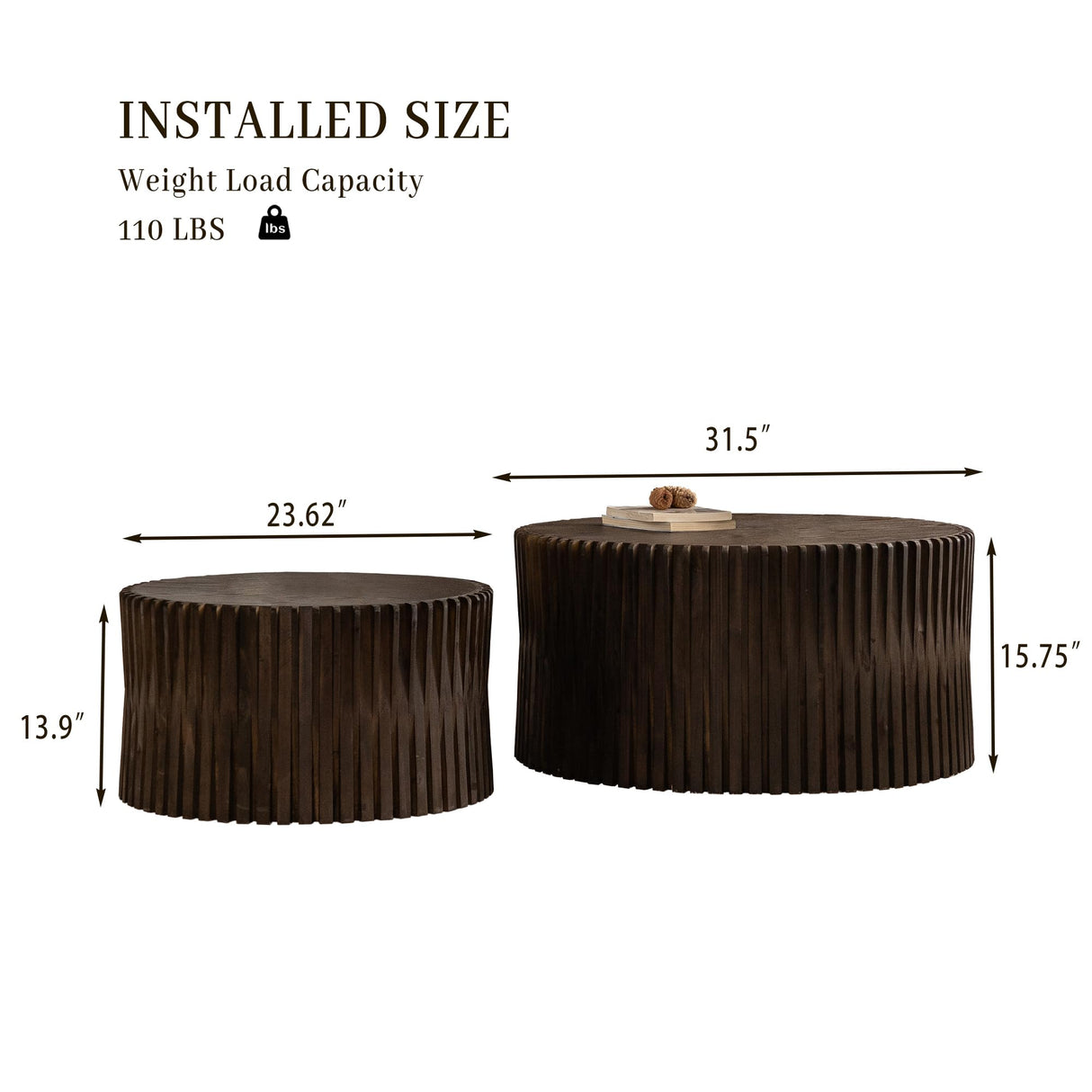KIGFTSOD Vintage Modern Nesting Coffee Table Set of 2, Round Wooden Table Accent End Table Cylindrical Set with Vertical Textured Embossed Design for Living Room, Apartment (Dark Brown) KIGFTSOD
