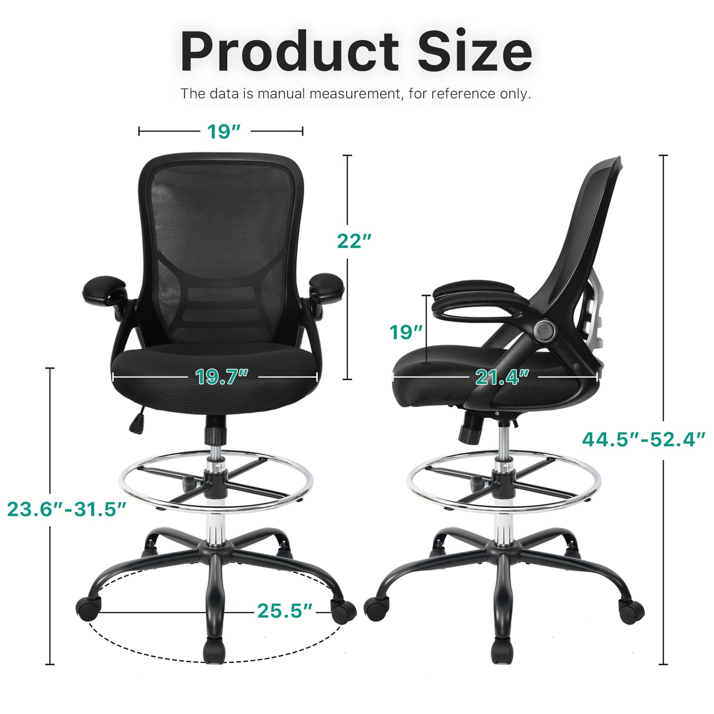 HYLONE Drafting Chair Tall Office Chair High-Back Mesh Standing Desk Stool with Adjustable Footrest Ring and Flip-Up Arms (Black) - WoodArtSupply